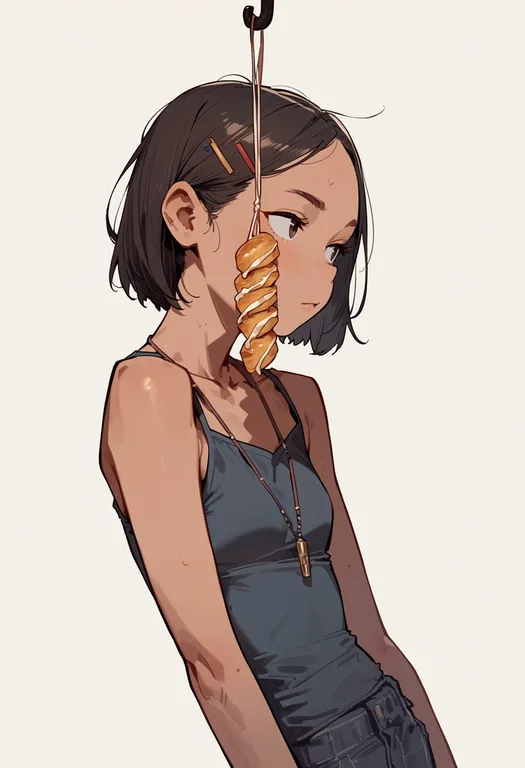 masterpiece, best quality, score_7, safe, hanging food, 1girl, solo, upper body, simple background — by k3scat, made with ComfyUI