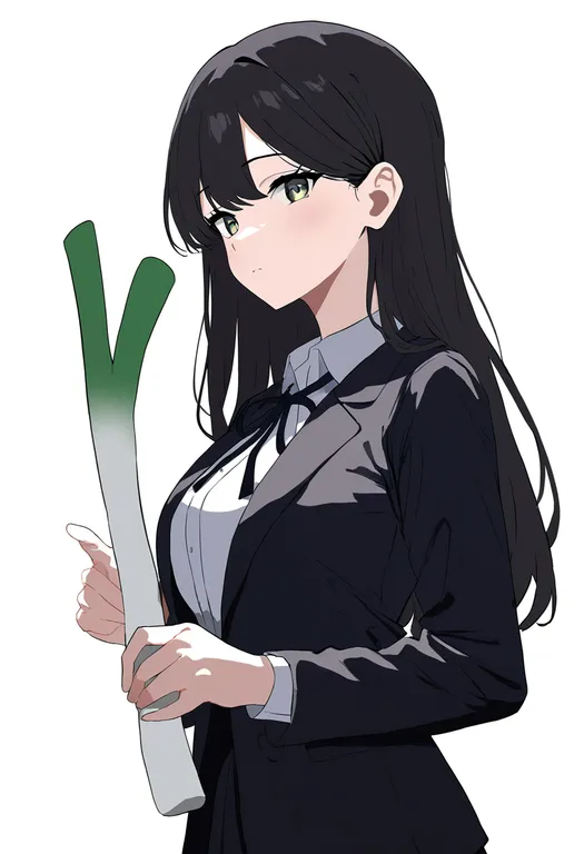 masterpiece, best quality, newest, absurdres, highres, safe, holding_spring_onion, 1girl, solo, simple_background — by k3scat, made with ComfyUI