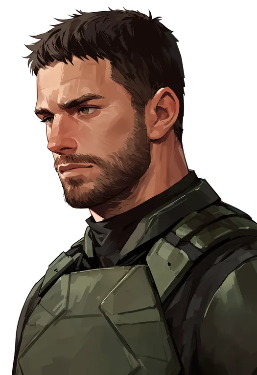 masterpiece, best quality, score_7, safe, chris redfield, solo, upper body, simple background — by k3scat, made with ComfyUI
