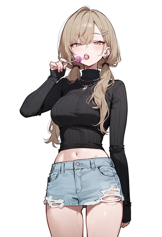masterpiece, best quality, score_7, safe, lollipop in mouth, 1girl, solo, simple background — by k3scat, made with ComfyUI
