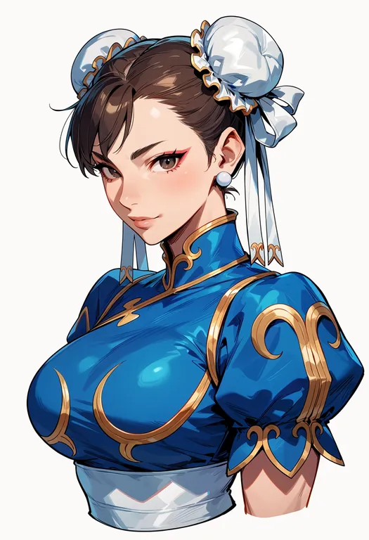 masterpiece, best quality, score_7, safe, chun-li, street fighter, solo, upper body, simple background — by k3scat, made with ComfyUI