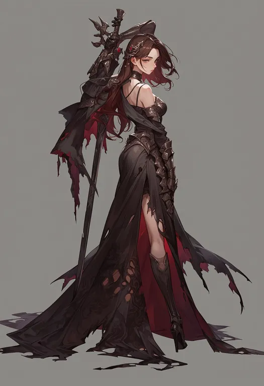 masterpiece, best quality, score_7, safe, torn dress, 1girl, solo, simple background — by k3scat, made with ComfyUI