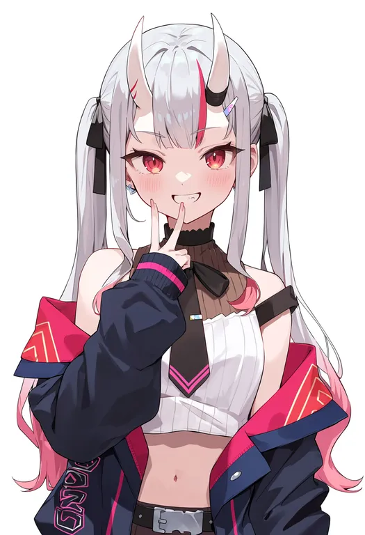 masterpiece, best quality, score_7, safe, nakiri ayame (streetwear), solo, upper body, simple background — by k3scat, made with ComfyUI