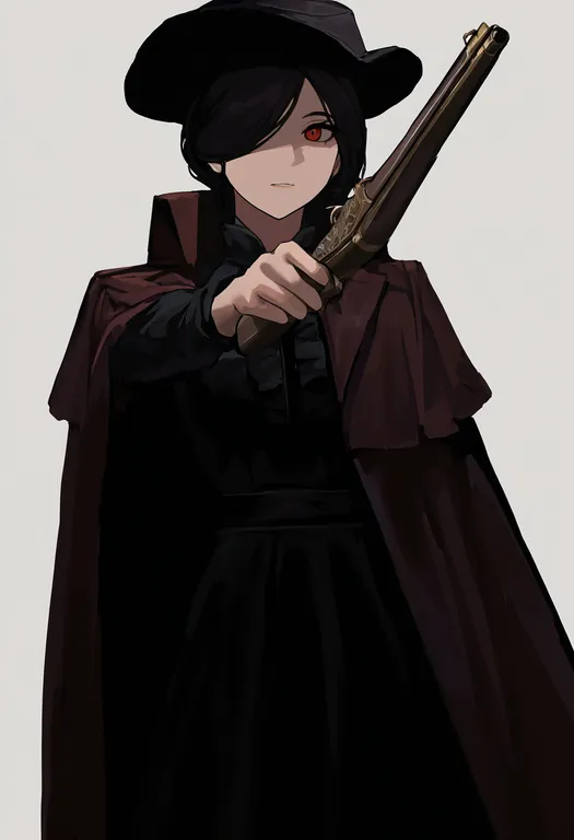masterpiece, best quality, newest, absurdres, highres, safe, antique_firearm, 1girl, solo, simple_background — by k3scat, made with ComfyUI
