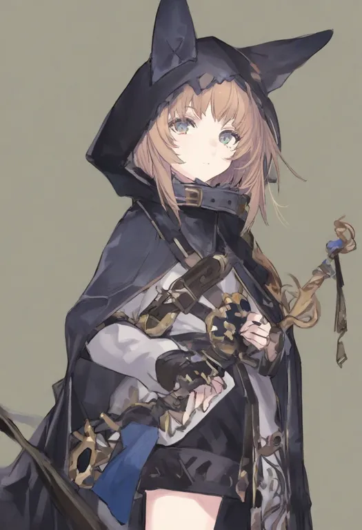 masterpiece, best quality, general, hooded cloak, 1girl, solo, simple background — by k3scat, made with ComfyUI