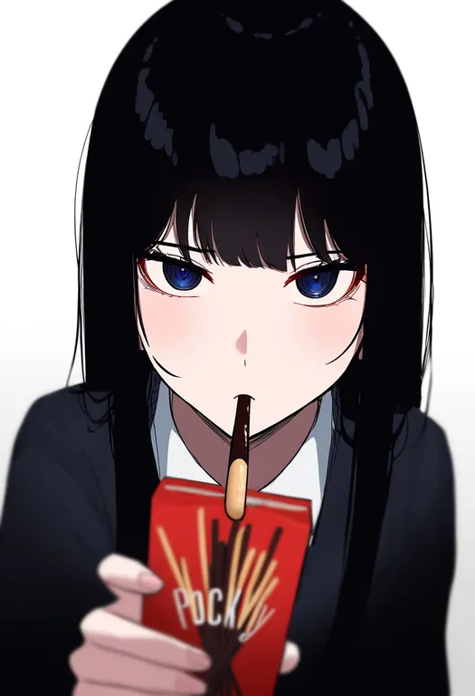 masterpiece, best quality, newest, absurdres, highres, safe, pocky_in_mouth, 1girl, solo, simple_background — by k3scat, made with ComfyUI