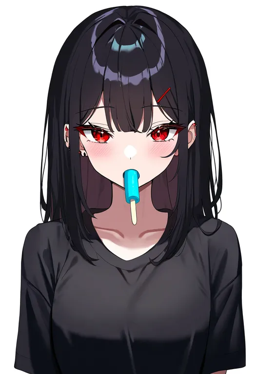 masterpiece, best quality, newest, absurdres, highres, safe, popsicle_in_mouth, 1girl, solo, simple_background — by k3scat, made with ComfyUI