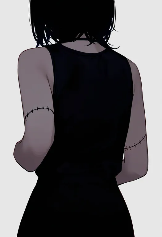 masterpiece, best quality, newest, absurdres, highres, safe, stitched_arm, 1girl, solo, simple_background — by k3scat, made with ComfyUI