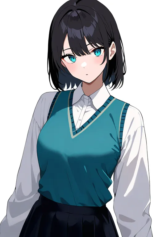 masterpiece, best quality, newest, absurdres, highres, safe, aqua_vest, 1girl, solo, simple_background — by k3scat, made with ComfyUI