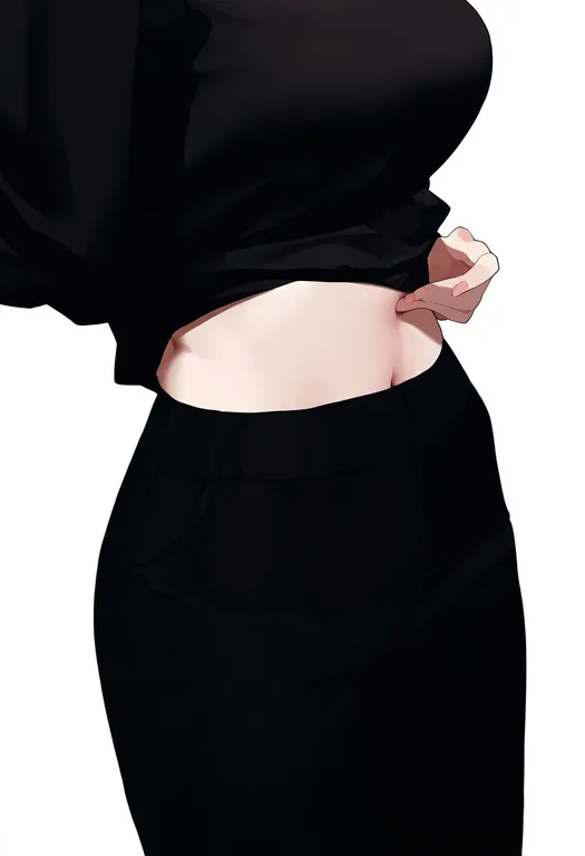 masterpiece, best quality, newest, absurdres, highres, safe, pinching_own_belly, 1girl, solo, simple_background — by k3scat, made with ComfyUI