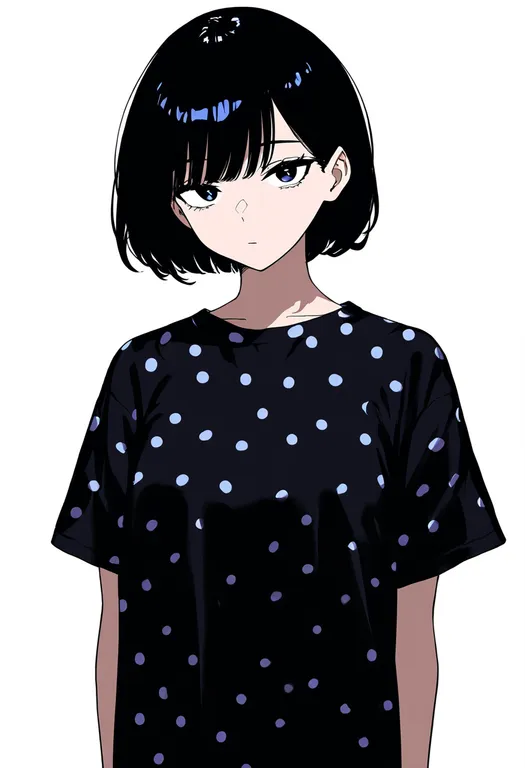 masterpiece, best quality, newest, absurdres, highres, safe, polka_dot_shirt, 1girl, solo, simple_background — by k3scat, made with ComfyUI