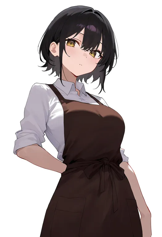 masterpiece, best quality, newest, absurdres, highres, safe, brown_apron, 1girl, solo, simple_background — by k3scat, made with ComfyUI