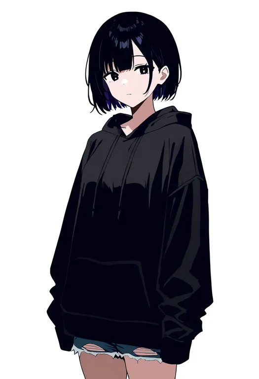 masterpiece, best quality, newest, absurdres, highres, safe, torn_shorts, 1girl, solo, simple_background — by k3scat, made with ComfyUI
