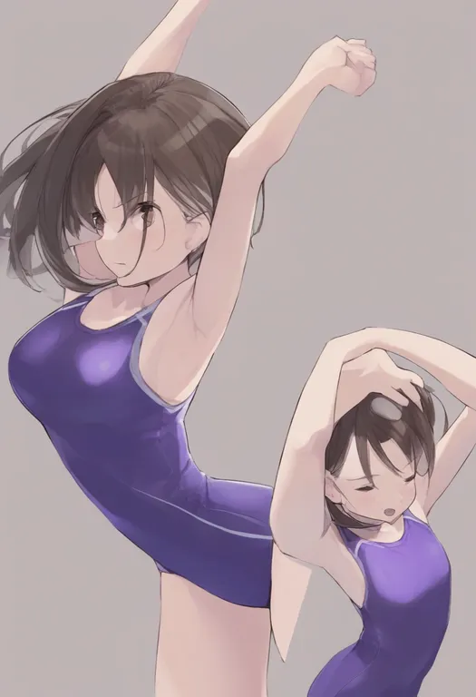masterpiece, best quality, general, purple one-piece swimsuit, 1girl, solo, simple background — by k3scat, made with ComfyUI