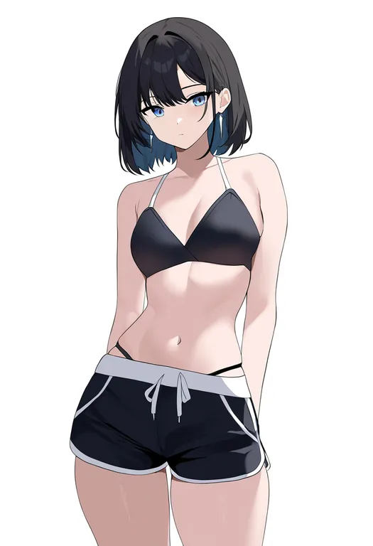 masterpiece, best quality, newest, absurdres, highres, safe, bikini_shorts, 1girl, solo, simple_background — by k3scat, made with ComfyUI