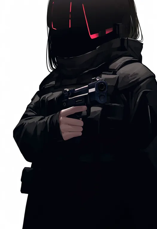 masterpiece, best quality, newest, absurdres, highres, safe, gun, 1girl, solo, simple_background — by k3scat, made with ComfyUI
