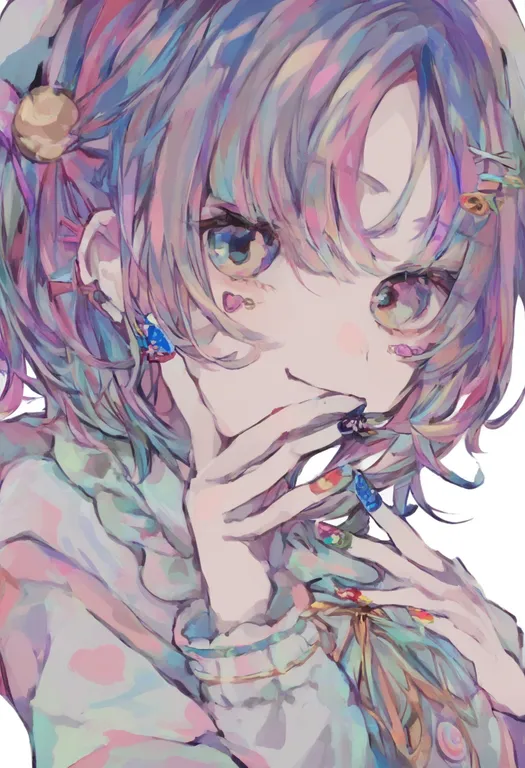 masterpiece, best quality, general, multicolored nails, 1girl, solo, simple background — by k3scat, made with ComfyUI