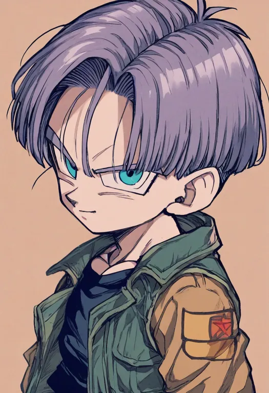 masterpiece, best quality, general, trunks (dragon ball), dragon ball, solo, upper body, simple background — by k3scat, made with ComfyUI