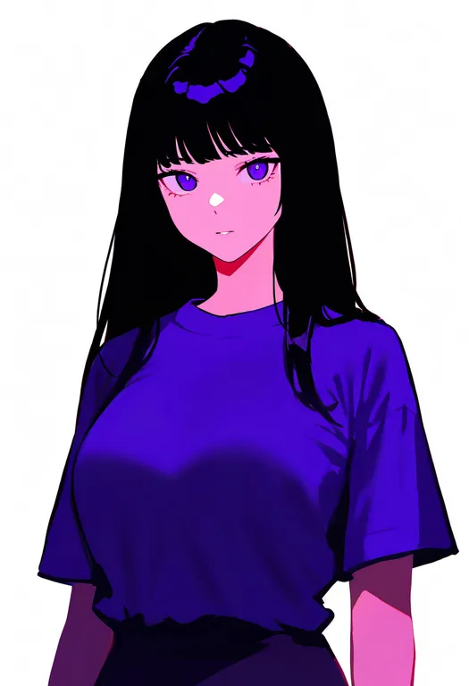 masterpiece, best quality, newest, absurdres, highres, safe, purple_shirt, 1girl, solo, simple_background — by k3scat, made with ComfyUI