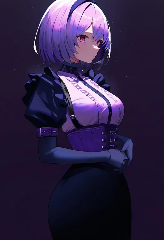 masterpiece, best quality, newest, absurdres, highres, safe, purple_corset, 1girl, solo, simple_background — by k3scat, made with ComfyUI