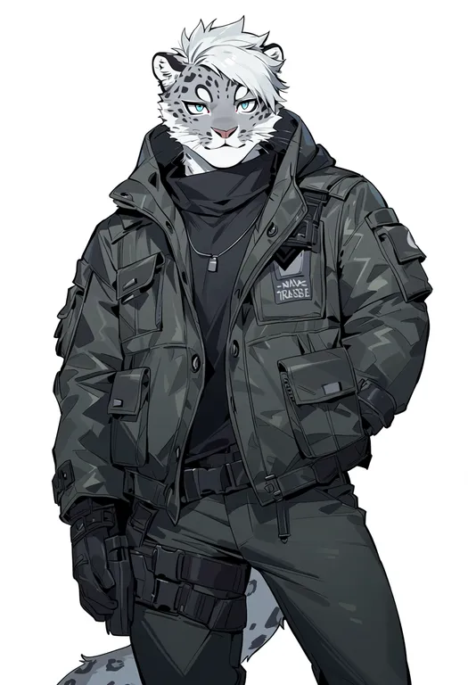 masterpiece, best quality, score_7, safe, snow leopard boy, 1boy, solo, simple background — by k3scat, made with ComfyUI