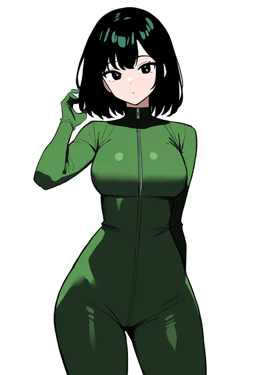 masterpiece, best quality, newest, absurdres, highres, safe, green_bodysuit, 1girl, solo, simple_background — by k3scat, made with ComfyUI