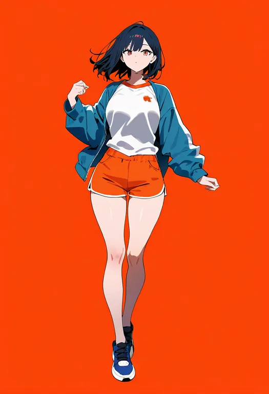 masterpiece, best quality, newest, absurdres, highres, safe, orange_shorts, 1girl, solo, simple_background — by k3scat, made with ComfyUI