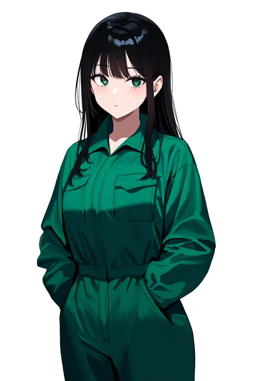 masterpiece, best quality, newest, absurdres, highres, safe, green_jumpsuit, 1girl, solo, simple_background — by k3scat, made with ComfyUI