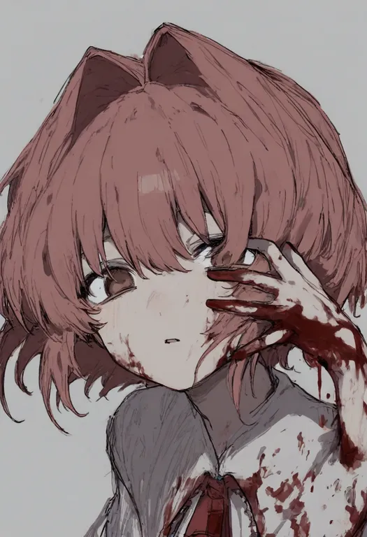 masterpiece, best quality, general, blood on hand, 1girl, solo, simple background — by k3scat, made with ComfyUI