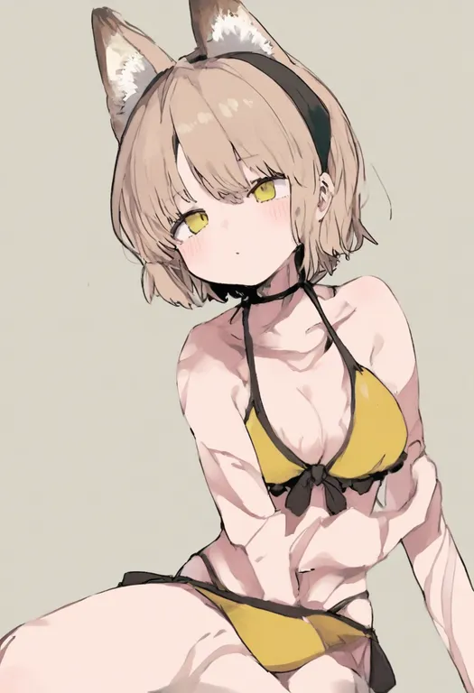 masterpiece, best quality, general, yellow bikini, 1girl, solo, simple background — by k3scat, made with ComfyUI