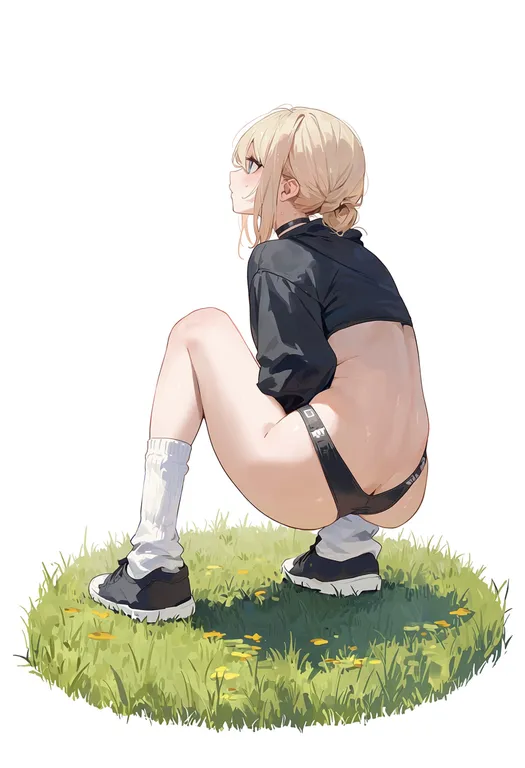 masterpiece, best quality, score_7, safe, on grass, 1girl, solo, simple background — by k3scat, made with ComfyUI