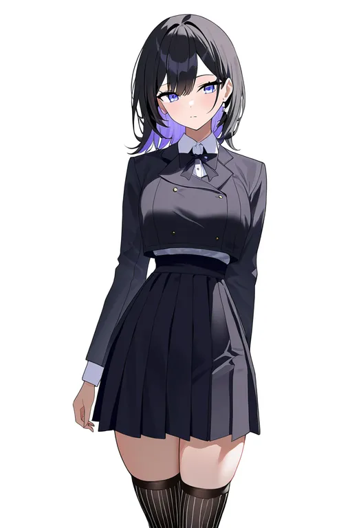 masterpiece, best quality, newest, absurdres, highres, safe, vertical-striped_thighhighs, 1girl, solo, simple_background — by k3scat, made with ComfyUI