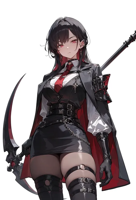 masterpiece, best quality, score_7, safe, holding scythe, 1girl, solo, simple background — by k3scat, made with ComfyUI