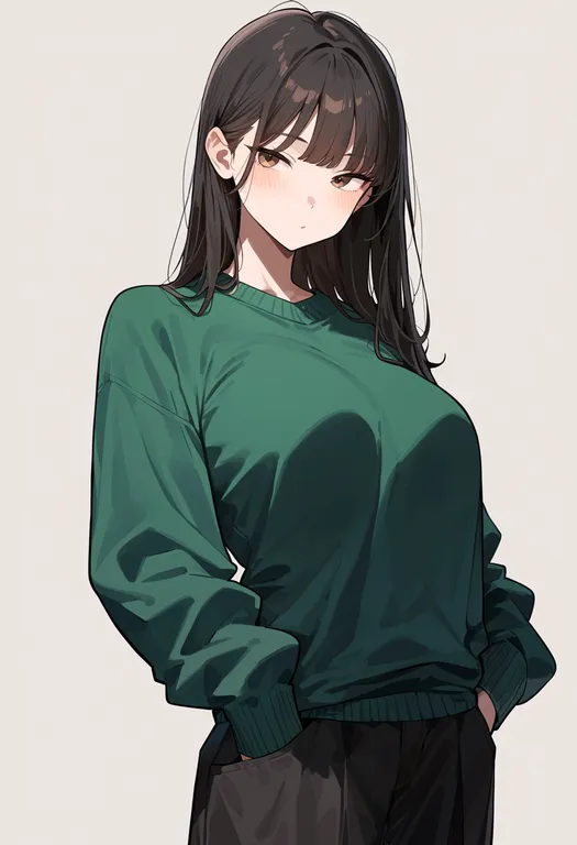masterpiece, best quality, score_7, safe, green sweater, 1girl, solo, simple background — by k3scat, made with ComfyUI