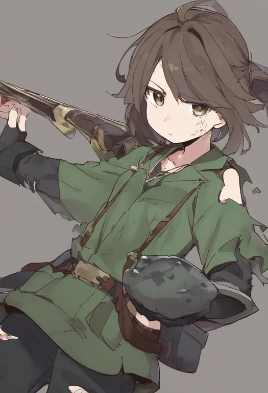 masterpiece, best quality, general, torn shirt, 1girl, solo, simple background — by k3scat, made with ComfyUI