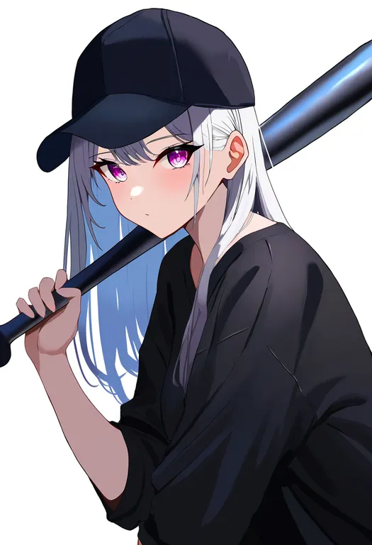 masterpiece, best quality, newest, absurdres, highres, safe, metal_baseball_bat, 1girl, solo, simple_background — by k3scat, made with ComfyUI