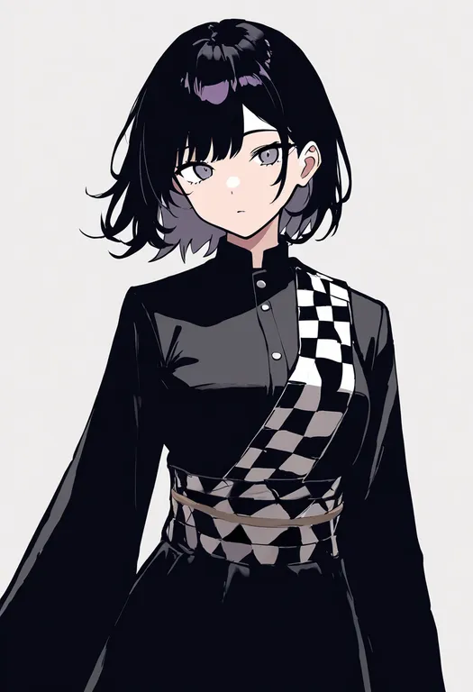 masterpiece, best quality, newest, absurdres, highres, safe, checkered_sash, 1girl, solo, simple_background — by k3scat, made with ComfyUI