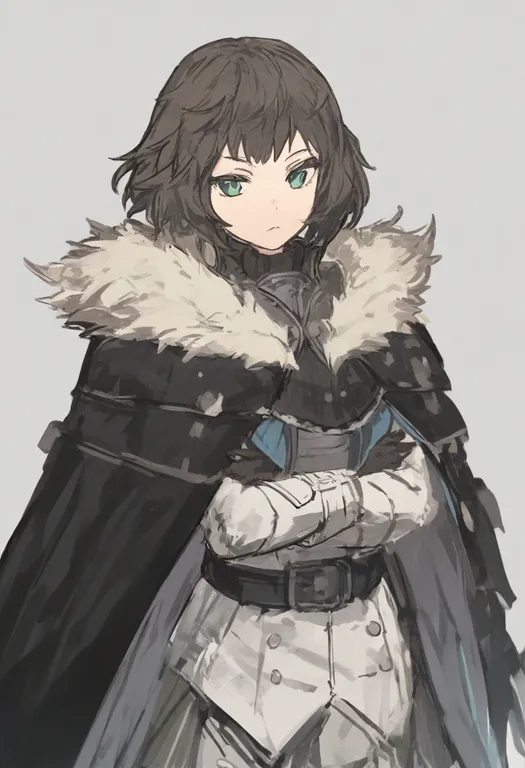 masterpiece, best quality, general, fur cape, 1girl, solo, simple background — by k3scat, made with ComfyUI