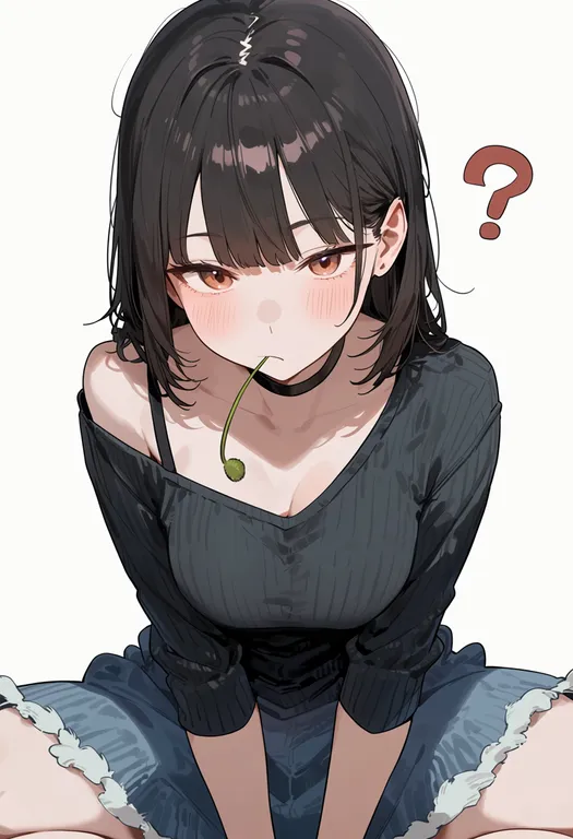 masterpiece, best quality, score_7, safe, stalk in mouth, 1girl, solo, simple background — by k3scat, made with ComfyUI