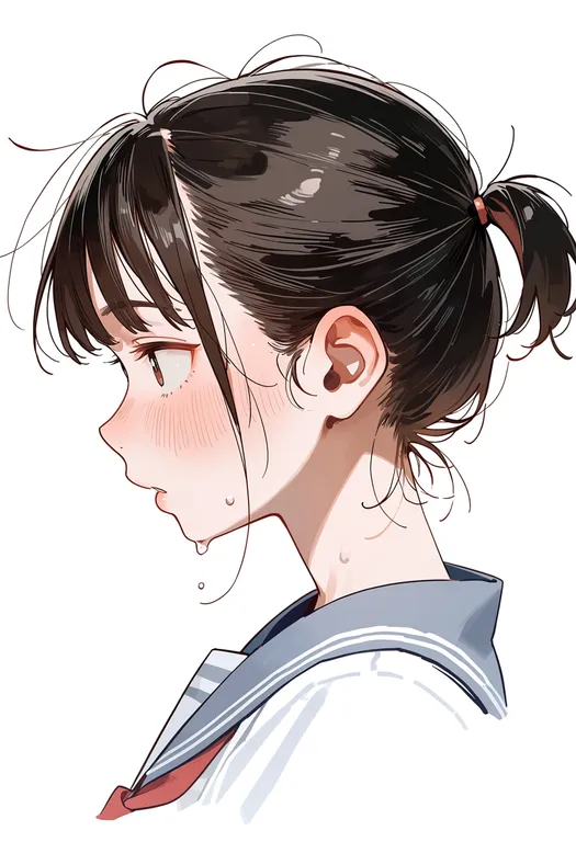 masterpiece, best quality, score_7, safe, short ponytail, 1girl, solo, portrait, simple background — by k3scat, made with ComfyUI
