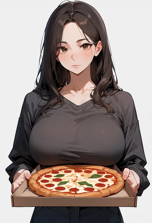 masterpiece, best quality, score_7, safe, pizza box, 1girl, solo, upper body, simple background — by k3scat, made with ComfyUI