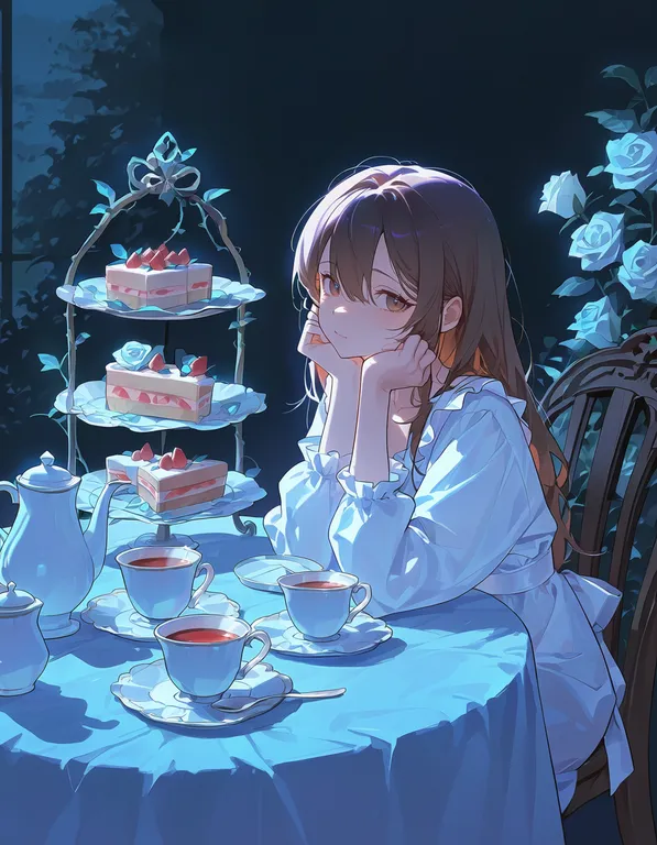 absurdres, masterpiece, score_7, score_8, g0thic n30n, neon lights, 1girl, solo, food, long hair, table, flower, cup, lo…