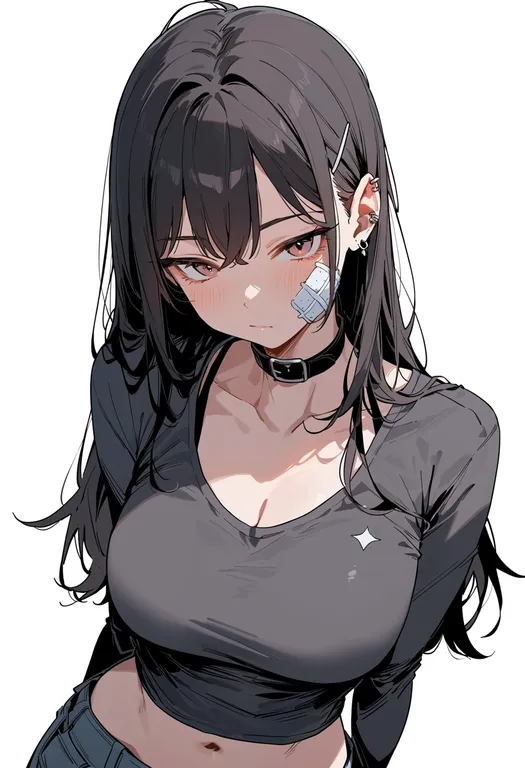 masterpiece, best quality, score_7, safe, bandaid, 1girl, solo, upper body, simple background — by k3scat, made with ComfyUI