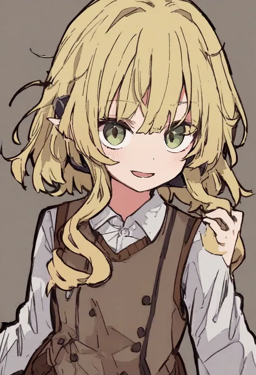 masterpiece, best quality, general, brown vest, 1girl, solo, simple background — by k3scat, made with ComfyUI