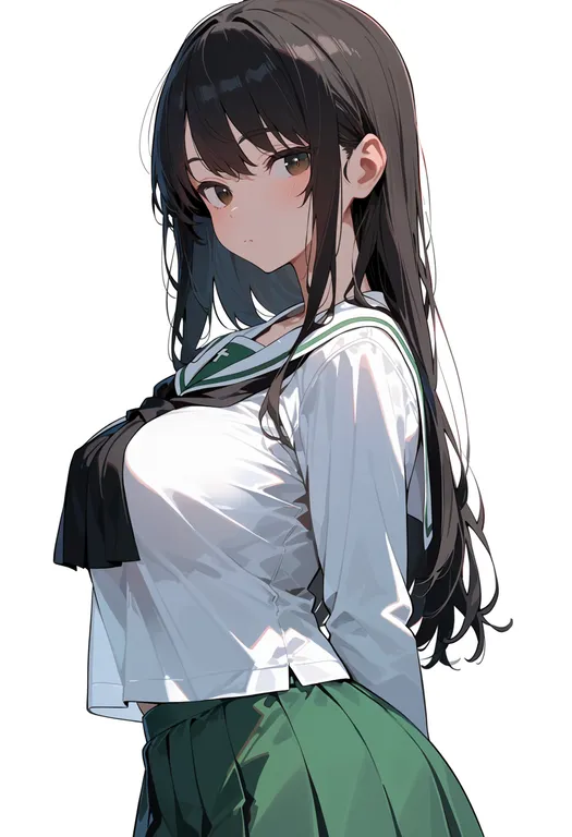 masterpiece, best quality, score_7, safe, ooarai school uniform, 1girl, solo, simple background — by k3scat, made with ComfyUI
