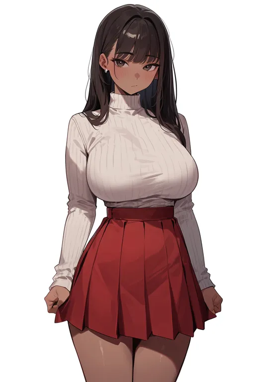 masterpiece, best quality, score_7, safe, red skirt, 1girl, solo, simple background — by k3scat, made with ComfyUI
