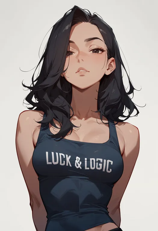 masterpiece, best quality, score_7, safe, luck & logic, solo, upper body, simple background — by k3scat, made with ComfyUI