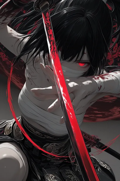 (upper half body close up:1.3), character focus, 1 samurai girl, high ponytail, long black hair, hair tied up, white ban…