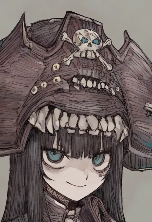 masterpiece, best quality, general, skull and crossbones, 1girl, solo, simple background — by k3scat, made with ComfyUI