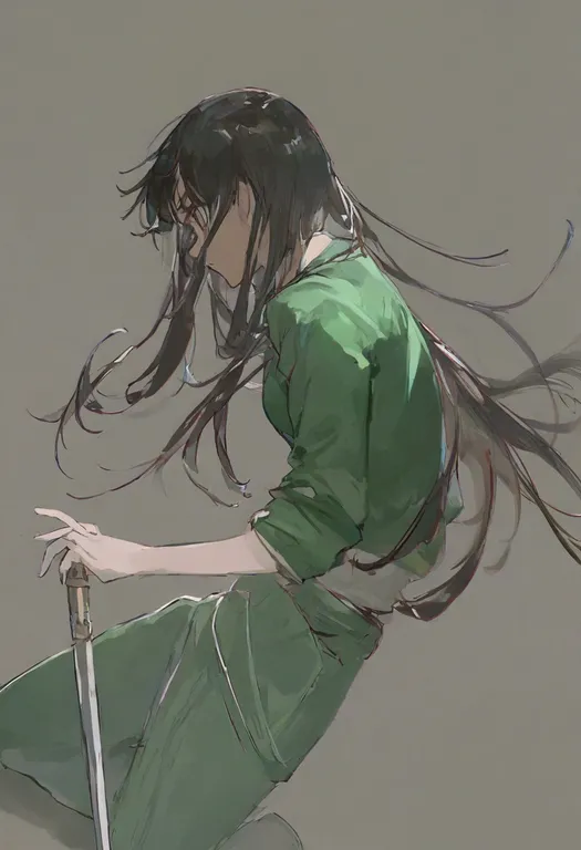 masterpiece, best quality, general, green pants, 1girl, solo, simple background — by k3scat, made with ComfyUI